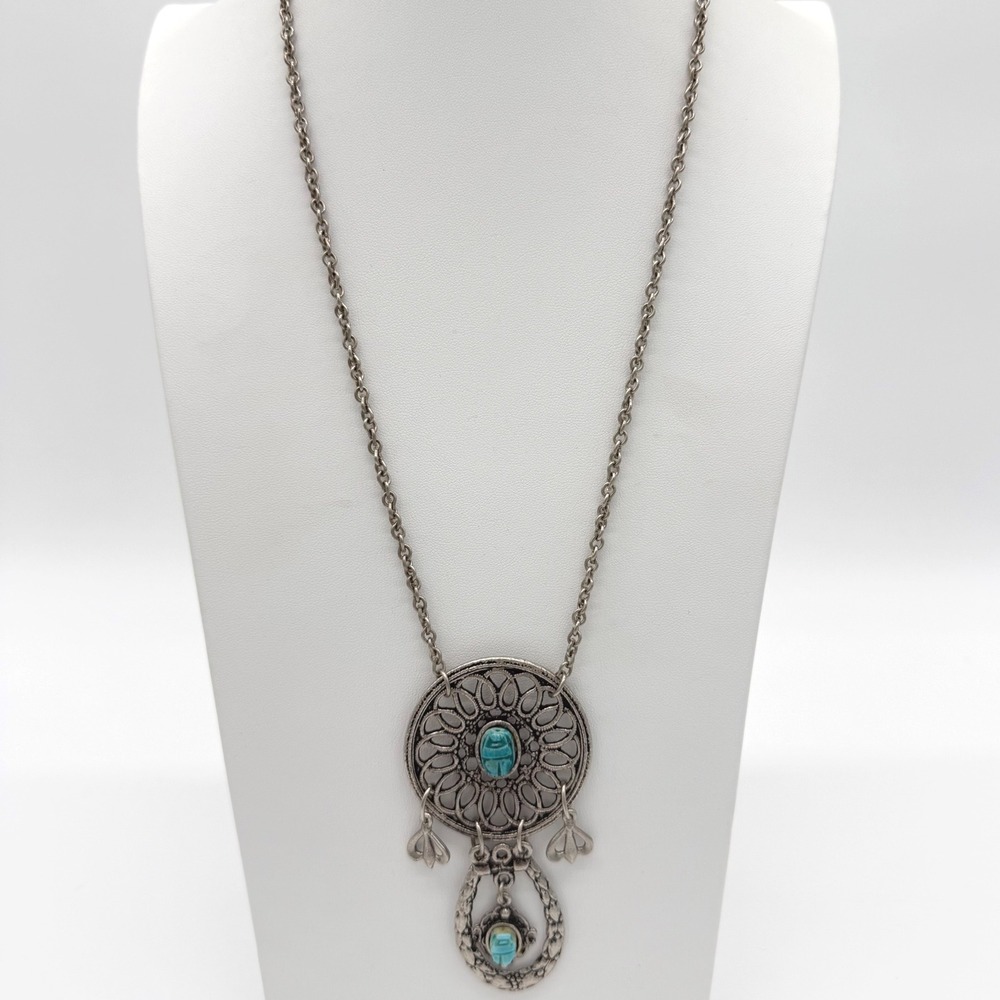 Vintage Egyptian Revival Scarab Pendant Necklace Silver Tone Turquoise Blue